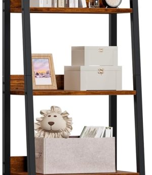 Furologee 5-Tier Ladder Shelf, Ladder Bookshelf with Removable Drawer, Rustic Bookcase Storage Rack Organizer, Wood Metal Freestanding Storage Shelf for Living Room, Home Office, Bedroom, Balcony