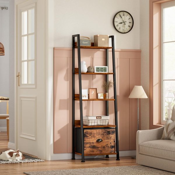 Furologee 5-Tier Ladder Shelf, Ladder Bookshelf with Removable Drawer, Rustic Bookcase Storage Rack Organizer, Wood Metal Freestanding Storage Shelf for Living Room, Home Office, Bedroom, Balcony - Image 2