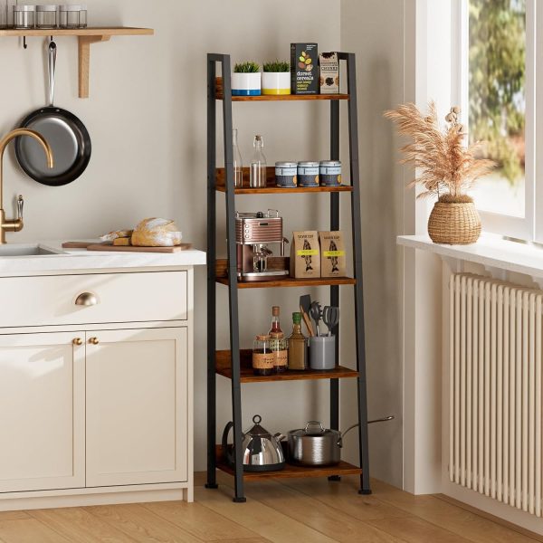 Furologee 5-Tier Ladder Shelf, Ladder Bookshelf with Removable Drawer, Rustic Bookcase Storage Rack Organizer, Wood Metal Freestanding Storage Shelf for Living Room, Home Office, Bedroom, Balcony - Image 5
