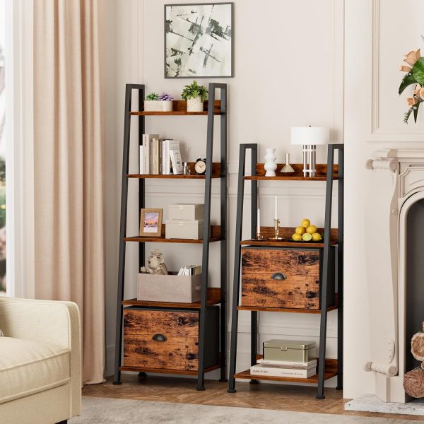 Furologee 5-Tier Ladder Shelf, Ladder Bookshelf with Removable Drawer, Rustic Bookcase Storage Rack Organizer, Wood Metal Freestanding Storage Shelf for Living Room, Home Office, Bedroom, Balcony - Image 6