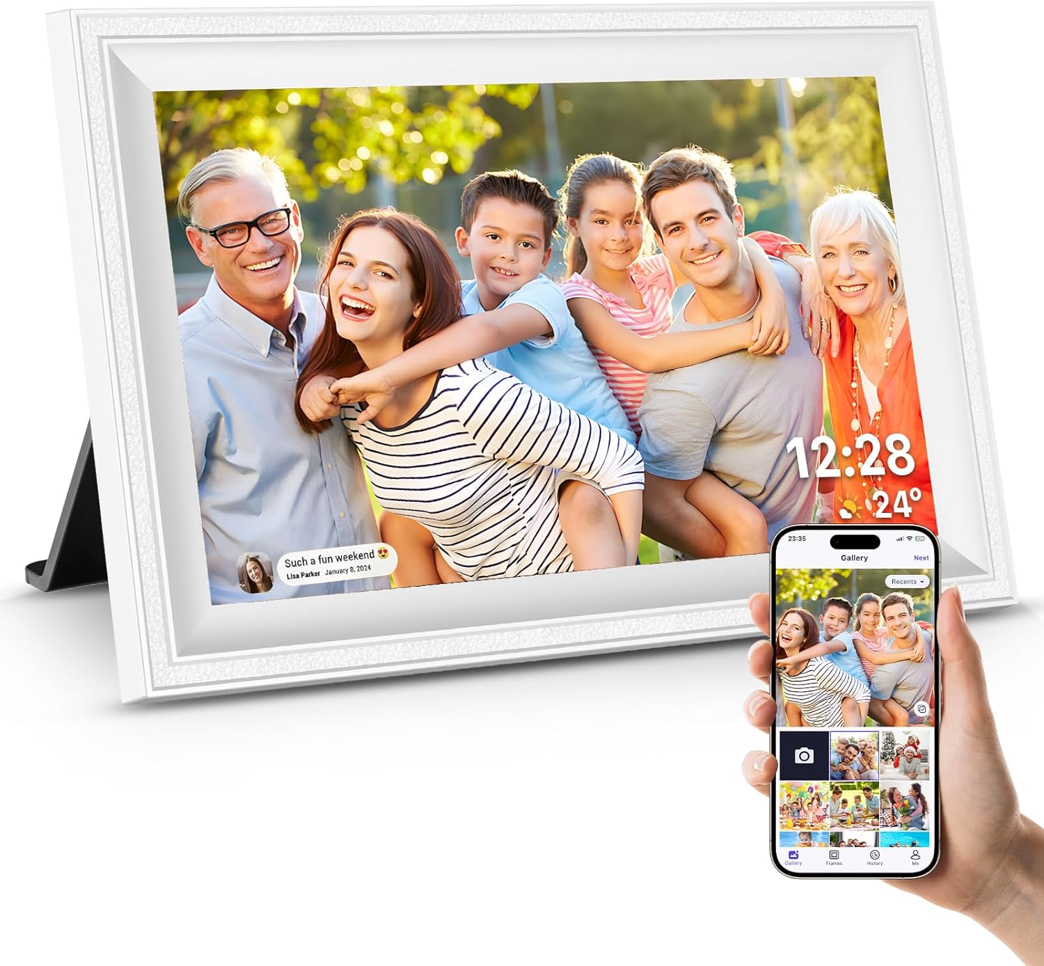 Smart White Digital Picture Frame WiFi Send Photos from Your Phone 16GB Storage 10.1inch 1280×800 IPS Touch Screen Digital Photo Frame Auto-Rotate Wall Mountable Photo Picture Frame Digital