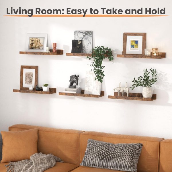 upsimples Floating Shelves for Wall, Wall Shelves for Decor Storage Set of 6, Wall Mounted Wood Shelves for Bedroom, Living Room, Bathroom, Kitchen, Picture Ledge Shelves, Brown - Image 2