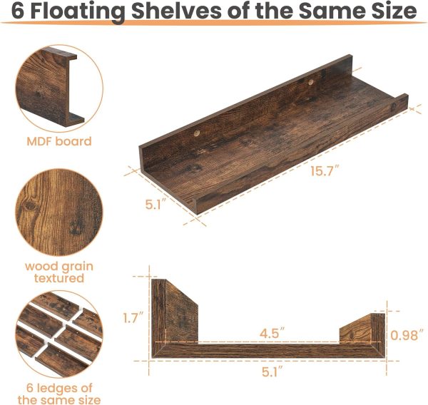 upsimples Floating Shelves for Wall, Wall Shelves for Decor Storage Set of 6, Wall Mounted Wood Shelves for Bedroom, Living Room, Bathroom, Kitchen, Picture Ledge Shelves, Brown - Image 3