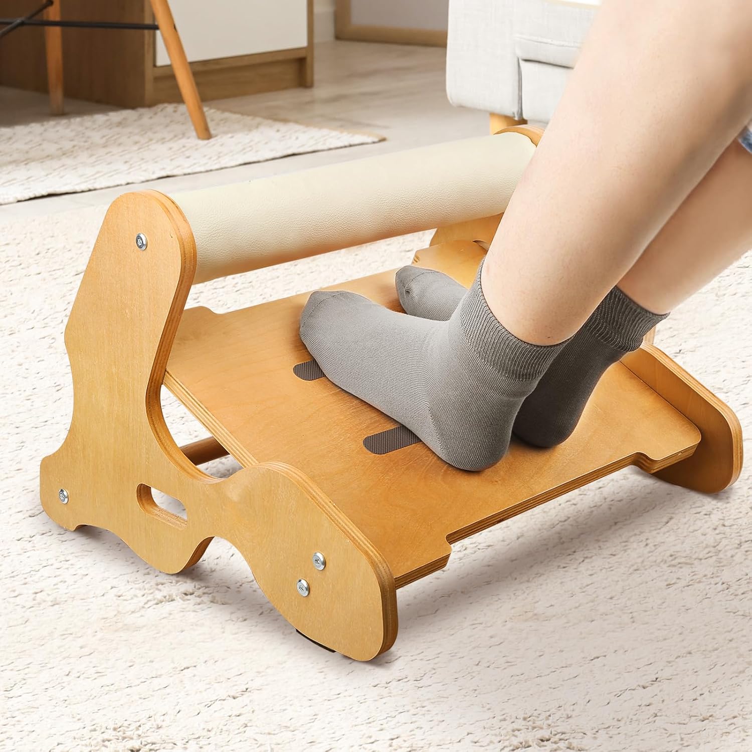 Wooden Under Desk Footrest – Ergonomic Foot Rest with 3 Height Options & Adjustable, Anti-Slip Surface and Soft Crossbar Foot Rest for Under Desk at Work for Improved Posture, Home & Office